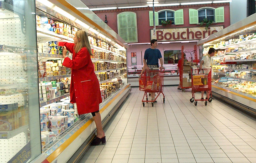 A typical French supermarket including an internal butcher's shop with fake windows and shutters. Cannes, South of France.