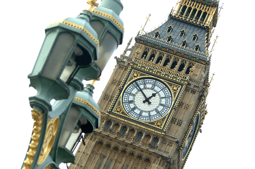 An interesting angle on the Big Ben clock tower which sits atop London's Houses of Parliament.  London, U.K..