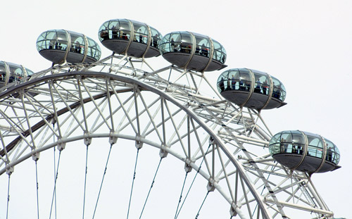 One of London's latest modern attractions, the London Eye, a giant big wheel ( ferris wheel ) which gives a birds eye view of the city from enclosed capsules.  London, U.K.. 